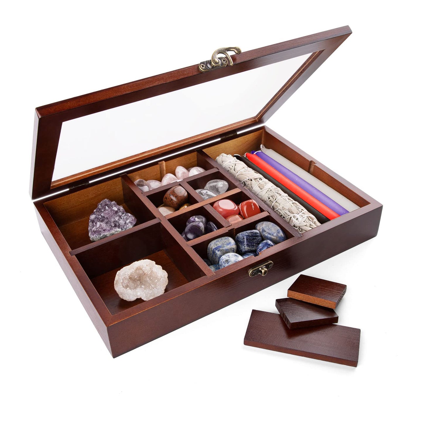 Mooncraftlogy Adjustable Rock Display Case, Crystal Collection Box with Shelves, Wood Witchy Stones Organizer Storage,Gem Holder with Lid for