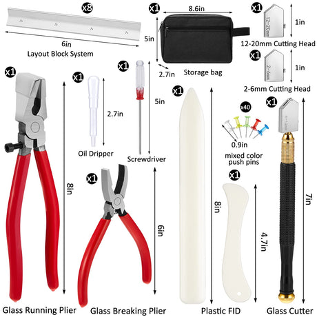 58 Pcs Stained Glass Supplies Glass Cutter Kit Including 8 Pcs Layout Block System 2 Pcs Class Running Breaking and Heavy Duty Glass Cutting Tool 2 Spakon