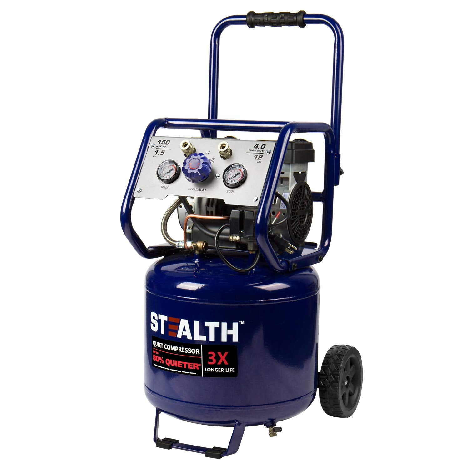 Stealth 12 Gallon Ultra Quiet Air Compressor, 1.5 HP Oil-Free Peak 150 PSI 68 Decibel Air Compressor,5 CFM @ 40 PSI 4 CFM @ 90 PSI Silent Portable Stealth