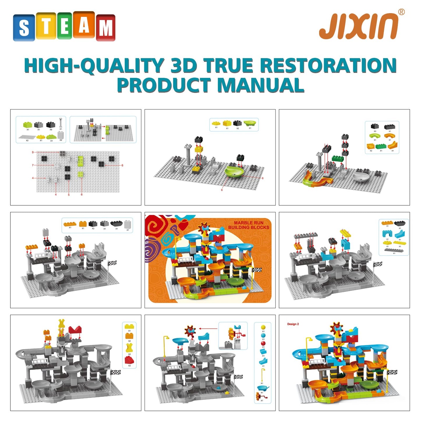 JIXIn Marble Run Building Blocks Compatible with LEGO DUPLO/3-IN-1 Multiplayer/Gear Handle Fun Marble Maze Blocks Building Toy Set/164 PCS Classic - WoodArtSupply