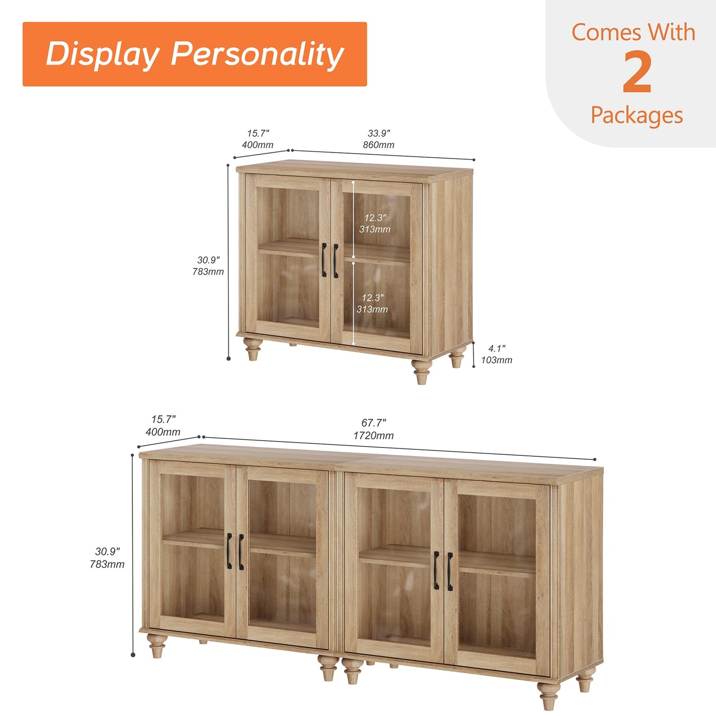 WAMAPT Sideboard Buffet Cabinets with 4-Glass Door, Kitchen Storage Cabinets, Wood Coffee Bar Tables with Adjustable Shelf, Accent Sideboard Storage