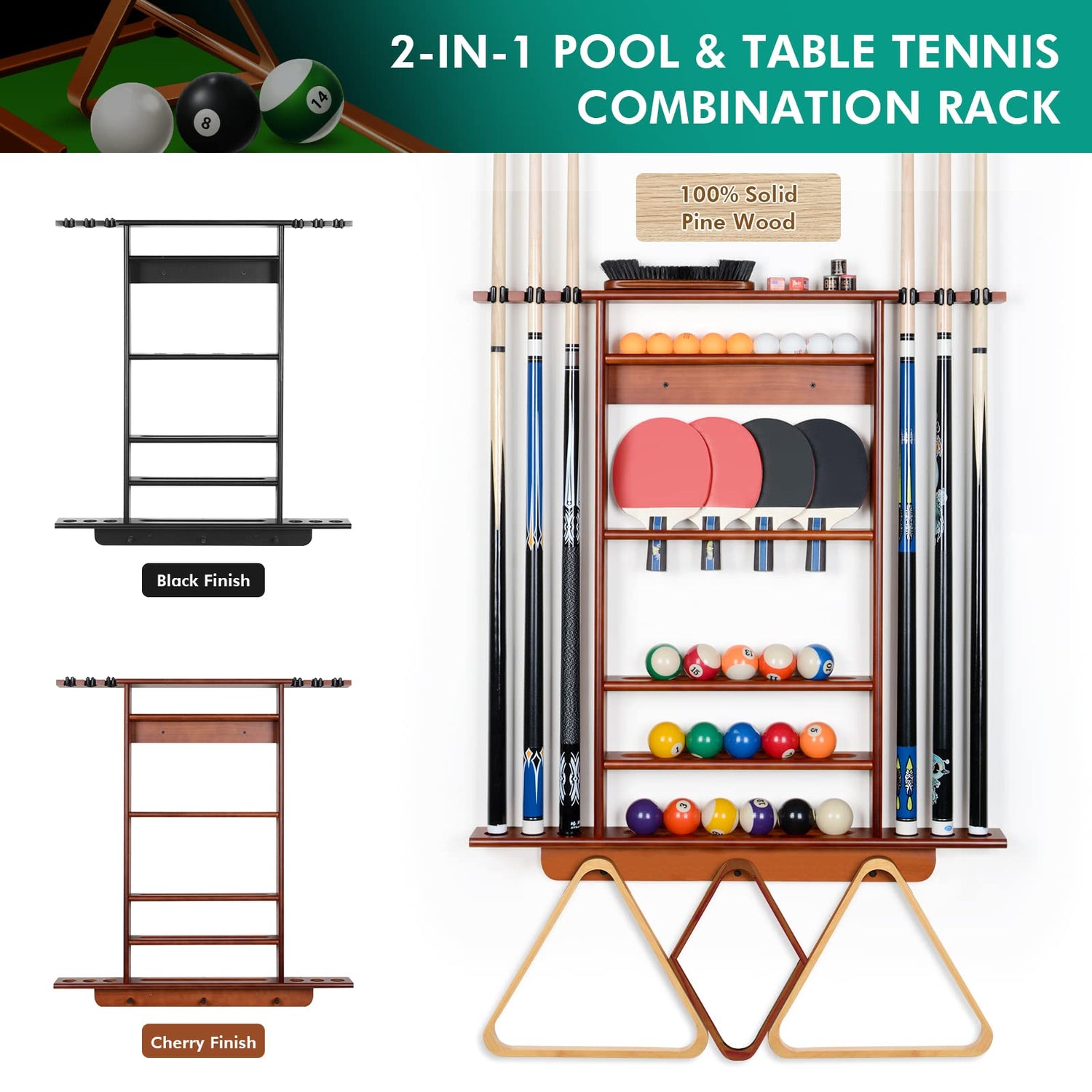XCSOURCE Pool Cue Rack, 2-in-1 Pool Stick & Ping Pong Paddle Holder, 100% Solid Pine Wood Wall Mount Holds Billiards and Table Tennis Accessories for XCSOURCE