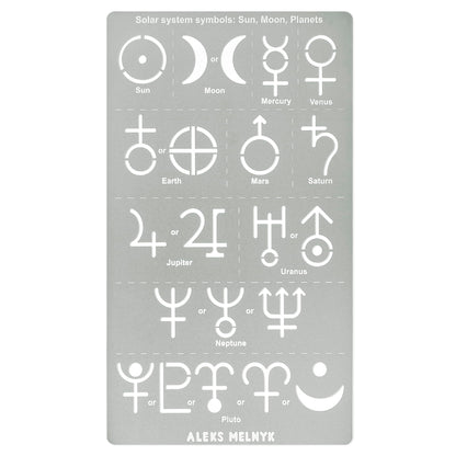 Aleks Melnyk No.413 Metal Stencil, Solar System Symbols, Sun, Moon, Planets, Small Stencil, 1 PC, Template for Wood Burning, Engraving, Crafting, - WoodArtSupply