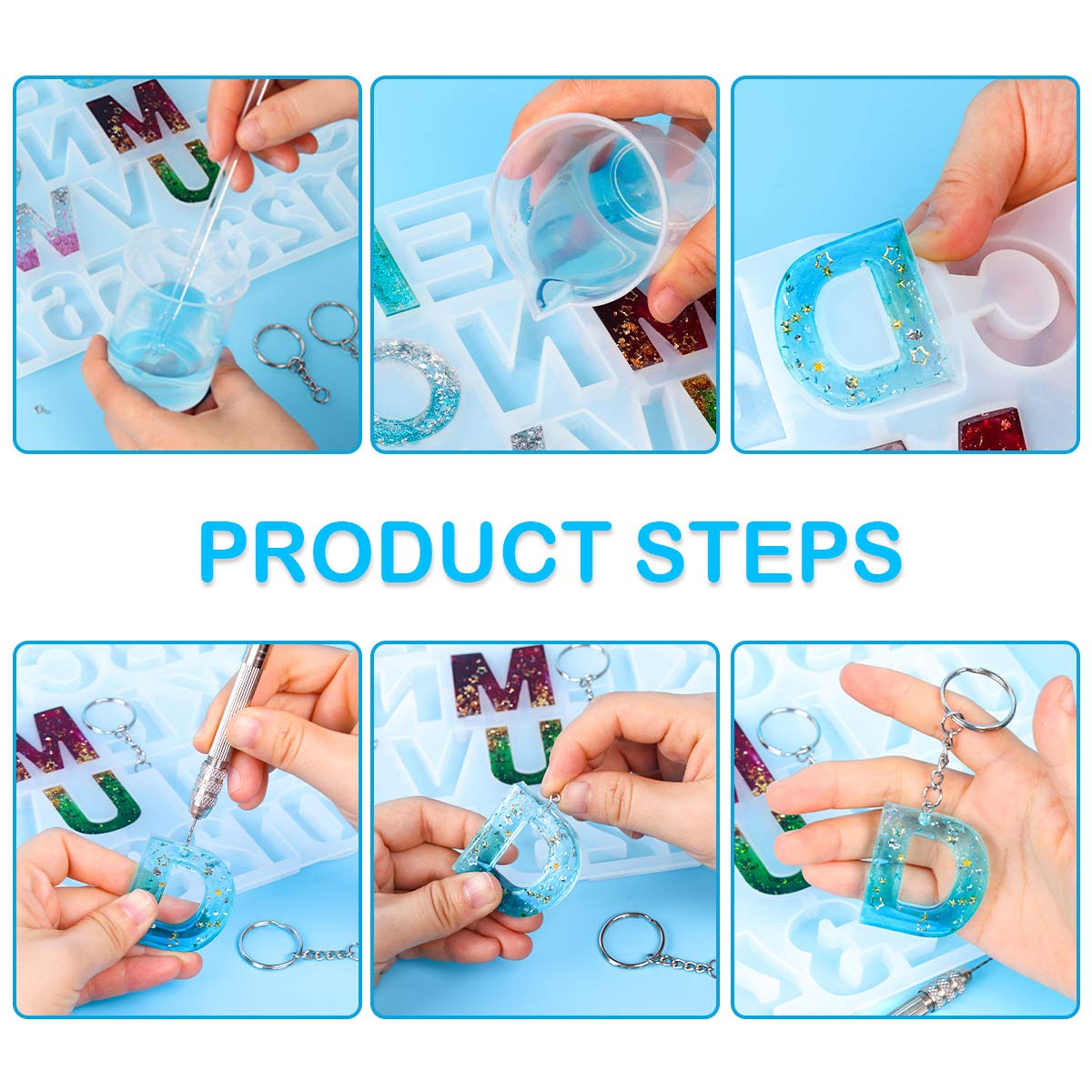 Mocoosy 134Pcs Alphabet Keychain Resin Molds Kit, Reversed Letter Number Silicone Mold Epoxy Resin Casting Molds Key Chain Making Set with 1 Hand Mocoosy