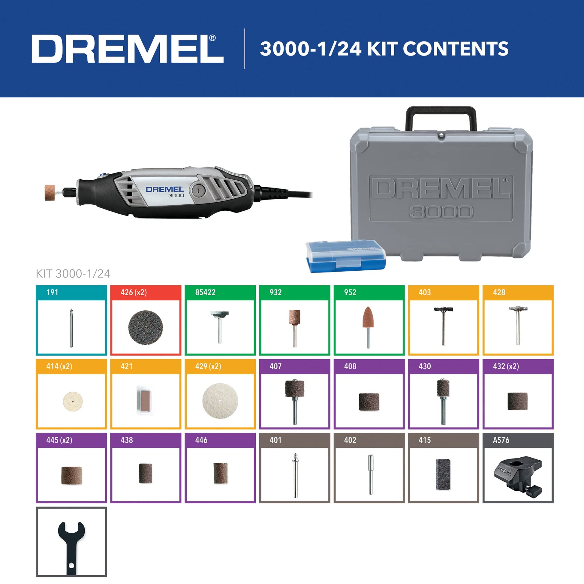 Dremel 3000-1/24 Variable Speed Rotary Tool Kit - 1 Attachment & 24 Accessories, Ideal for Variety of Crafting and DIY Projects – Cutting, Sanding, - WoodArtSupply