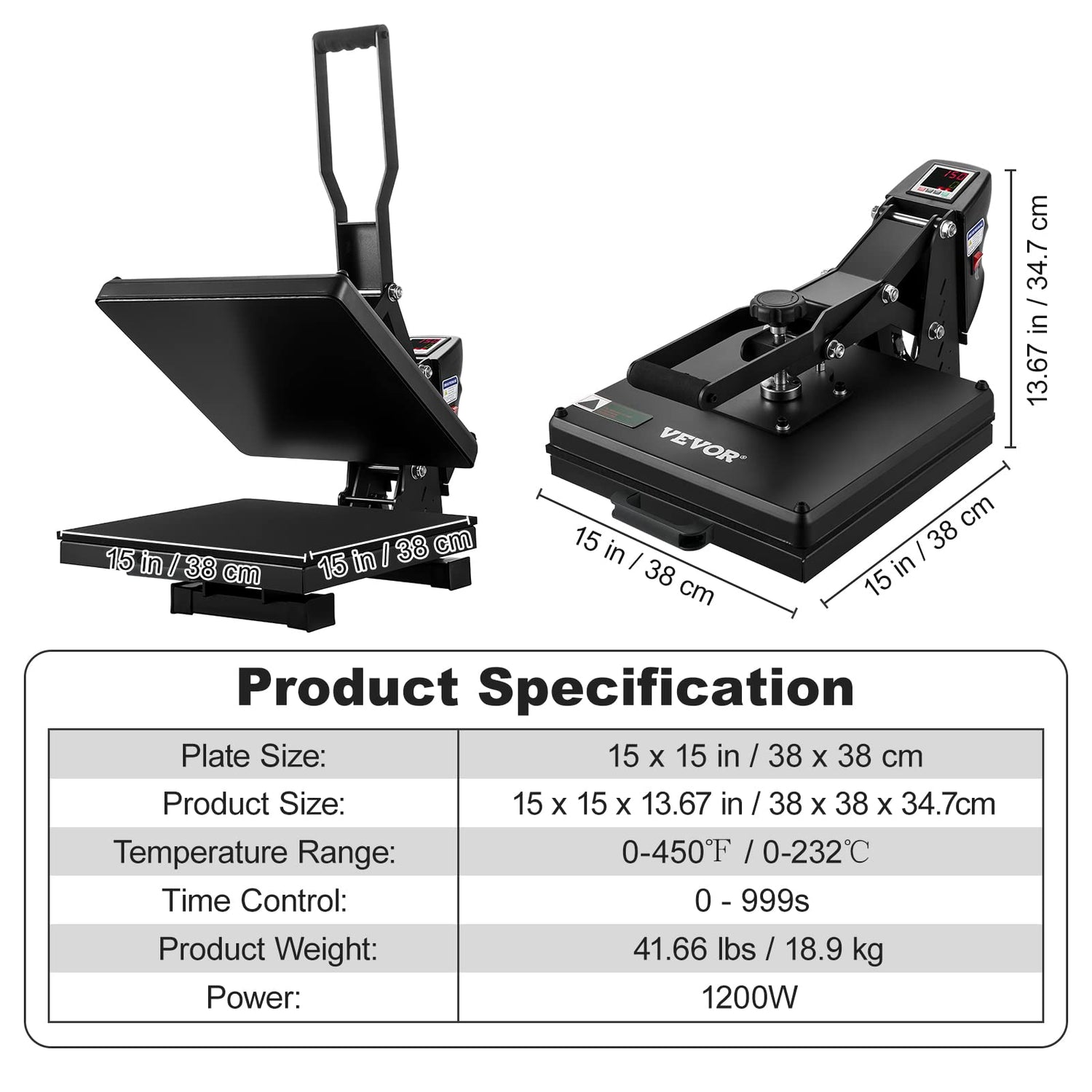 VEVOR Heat Press, 15x15 Power Heat Press Machine for T-Shirt, Fast Heating, High Pressure Heat Press Machine, Digital Industrial Sublimation Printer VEVOR
