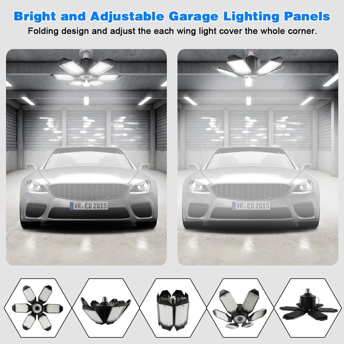 POLARPRA LED Garage Lights - 2 Pack Super Bright 32000LM LED Garage Ceiling Light 6500K LED Shop Light w/ 6 Deformable Panels Screw in E26/E27 Socket POLARPRA