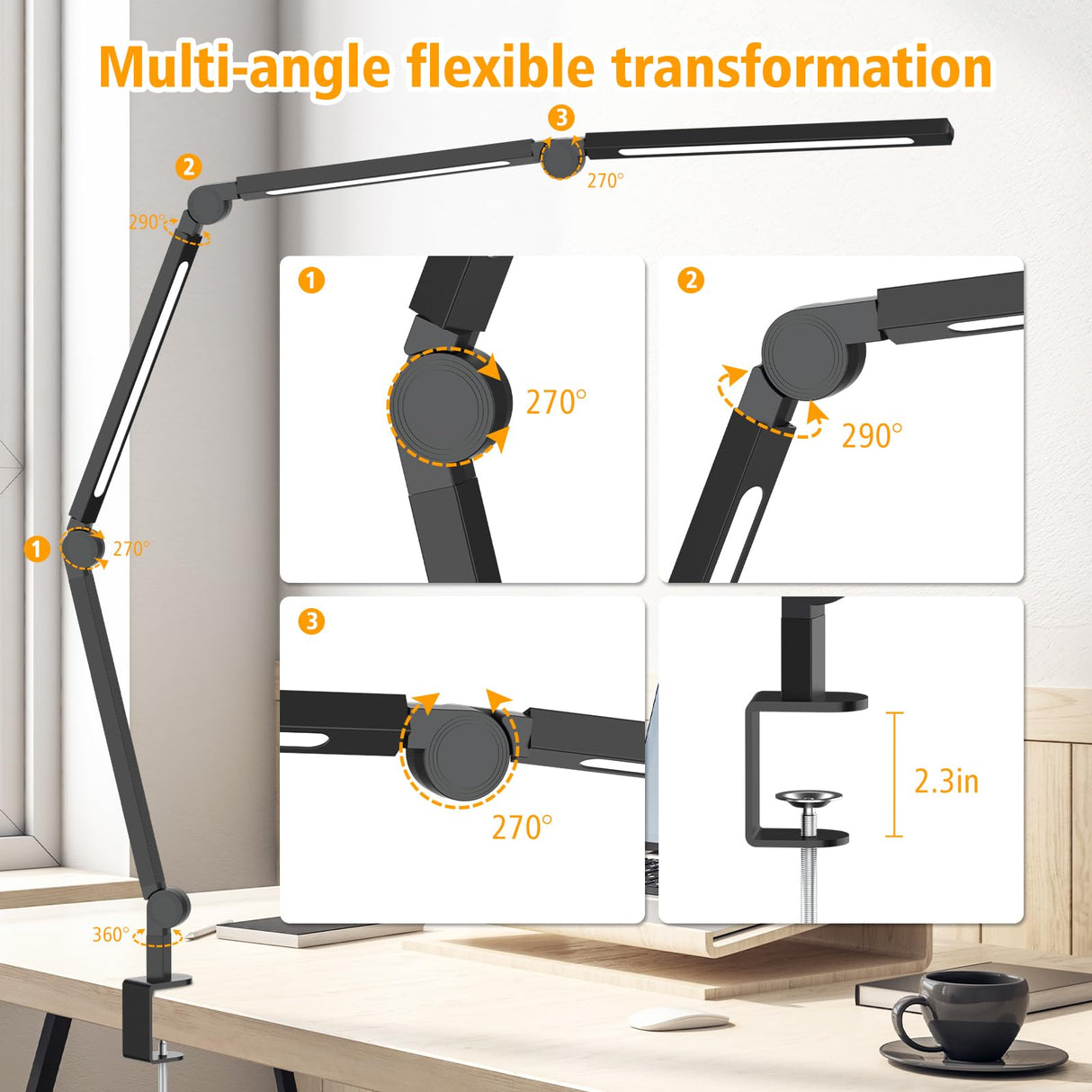 LED Desk Lamp with Clip,Flexible 4 Section 3 Light Source Office Desk Lamp,4 Color Temperatures and 5 Brightness Level Desk Light,Night Eye AILBTON