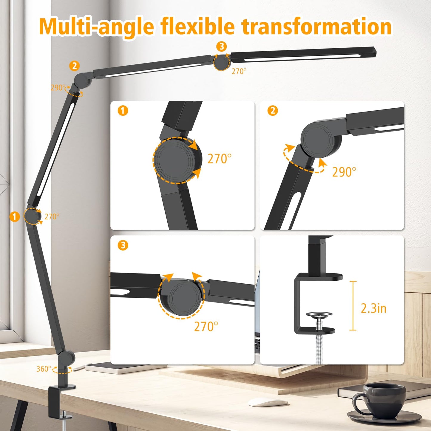 LED Desk Lamp with Clip,Flexible 4 Section 3 Light Source Office Desk Lamp,4 Color Temperatures and 5 Brightness Level Desk Light,Night Eye - WoodArtSupply