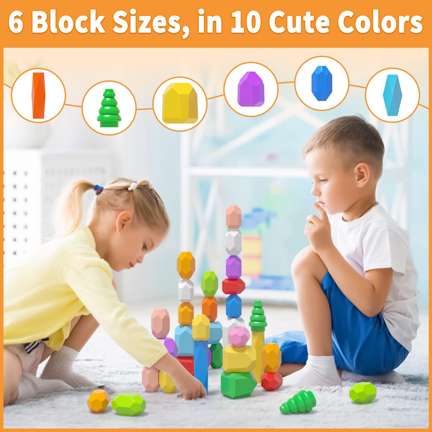 40PCS Wooden Stacking Rocks Toys, Montessori Toys for 1 2 3 year old, Stacking toys for Toddlers, Sensory STEM Preschool Learning Building Blocks