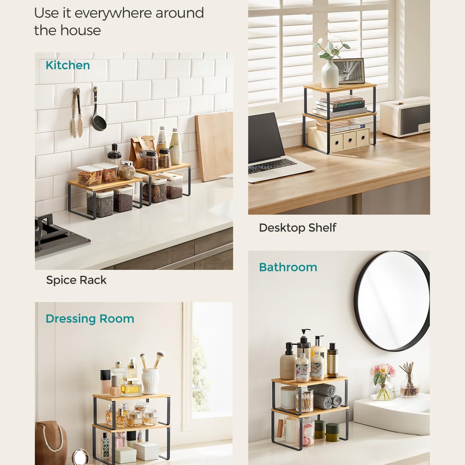 SONGMICS Cabinet Organizer Shelf, Set of 2 Kitchen Counter Shelves, Kitchen Storage, Spice Rack, Stackable, Expandable, Metal and Engineered Wood, SONGMICS