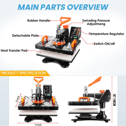 AKEYDIY 8 in 1 Heat Press, 12x15 Inch Heat Press Machine for T-Shirts, 850W Digital Transfer Sublimation T-Shirt Printing Machine, 360° Swing Away - WoodArtSupply