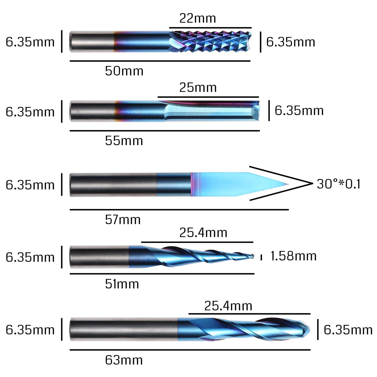 Genmitsu General Purpose CNC Router Bit Collection, 1/4" Shank, Nano Blue Coating, MC10A - WoodArtSupply