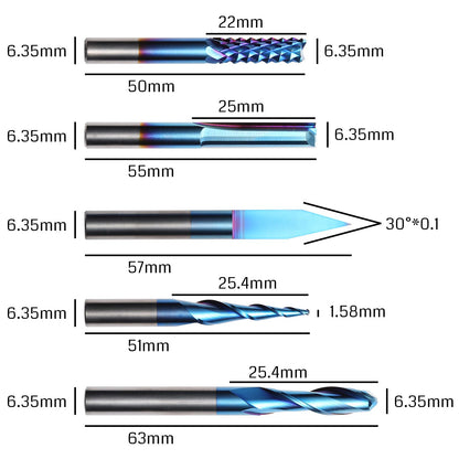 Genmitsu General Purpose CNC Router Bit Collection, 1/4" Shank, Nano Blue Coating, MC10A - WoodArtSupply