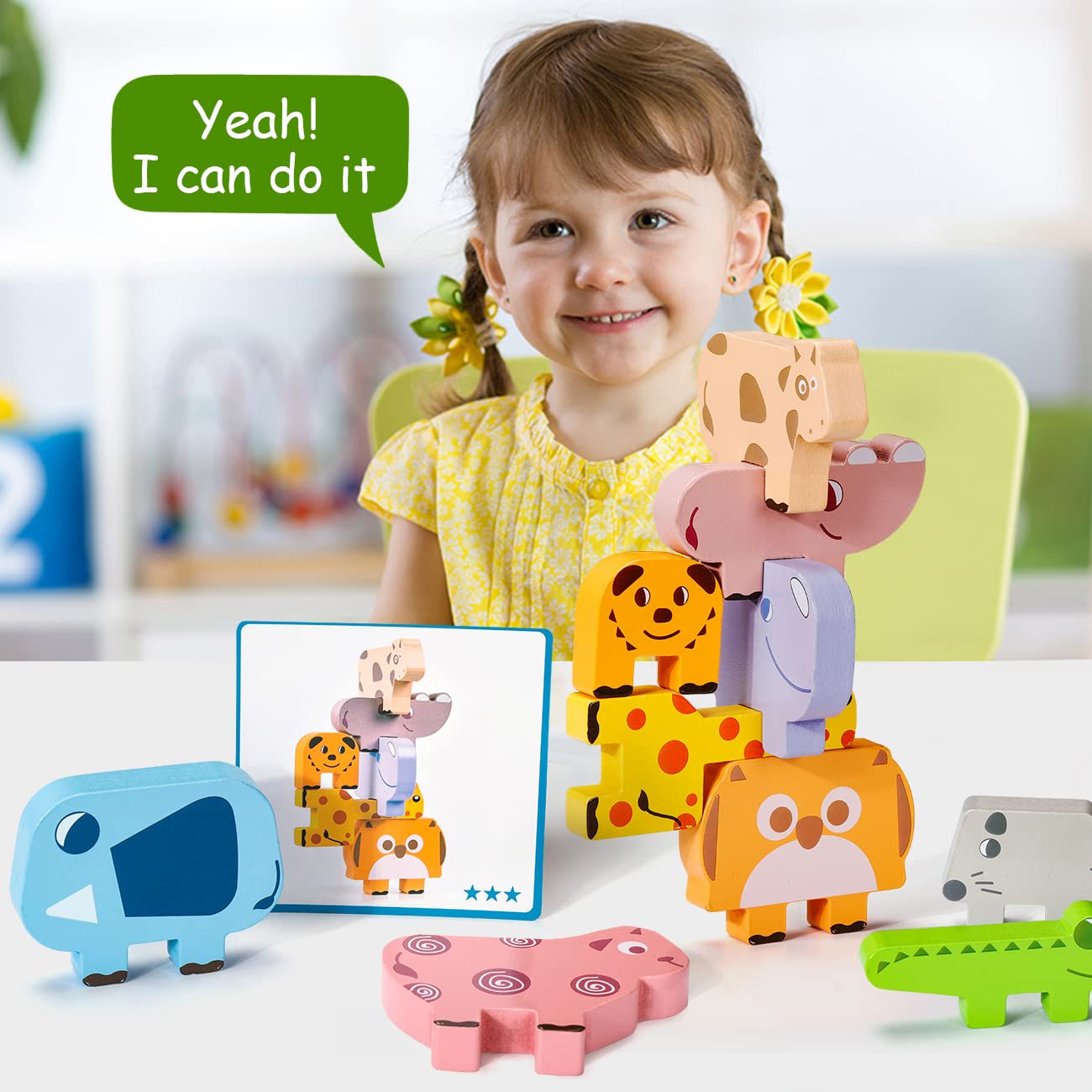 Montessori Toys for 2 3 4 Year Old, 10pcs Wooden Animal Blocks Sorting & Stacking Toys for 2-4 Year Old Toddlers Girl Boy Gifts, Kids Preschool Bambilo