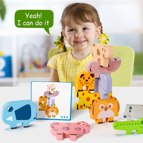 Montessori Toys for 2 3 4 Year Old, 10pcs Wooden Animal Blocks Sorting & Stacking Toys for 2-4 Year Old Toddlers Girl Boy Gifts, Kids Preschool Bambilo