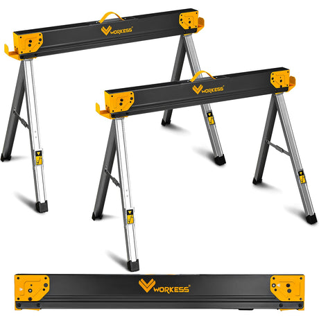 WORKESS Saw Horses 2 Pack Folding, Heavy Duty Sawhorse Table 2600 Lbs Load Capacity with 2x4 Support Legs, Portable Folding and Fast Open Legs and WORKESS