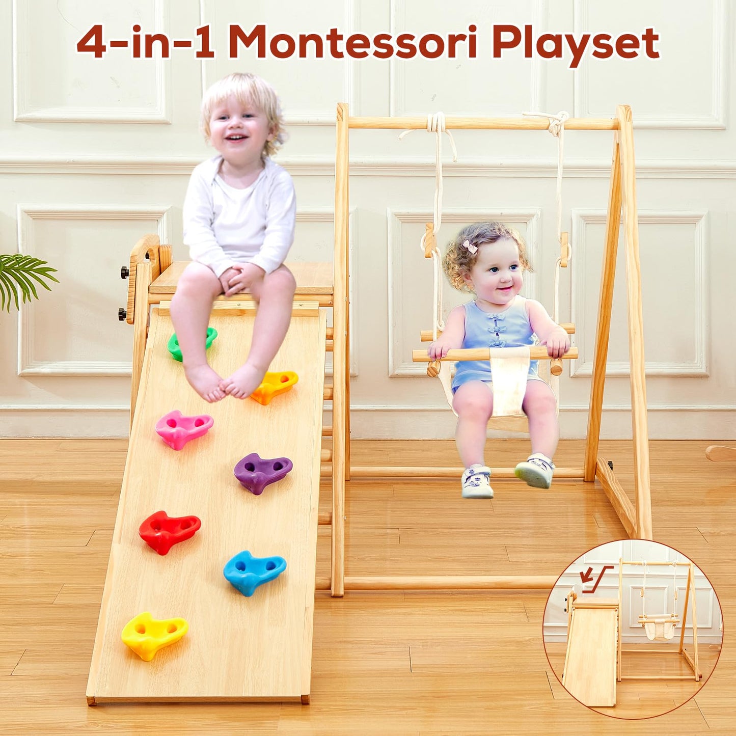 FUNLIO 4-in-1 Wooden Toddler Swing and Slide Set, Foldable Montessori Jungle Gym for Toddlers 0.5-5 Years, Indoor Playground with - WoodArtSupply