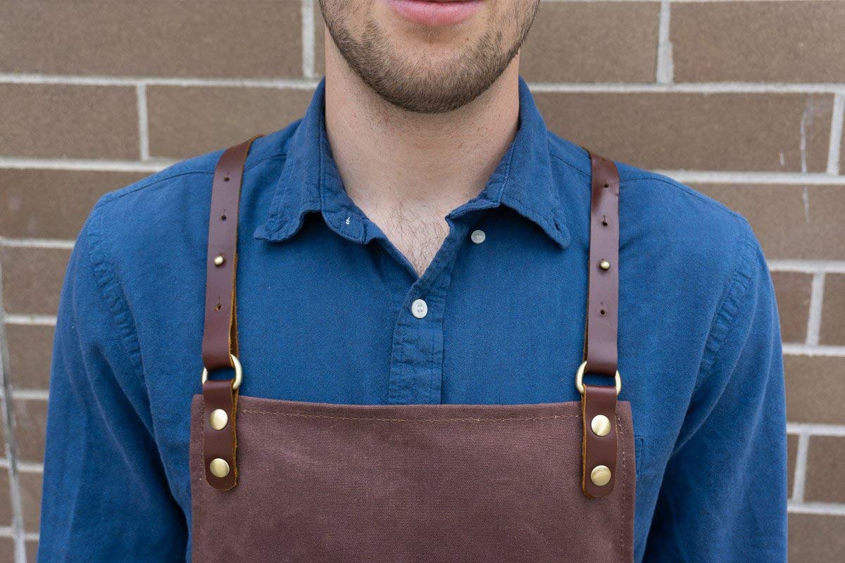 ApronMen Leather and Waxed Canvas Server Aprons With 3 Pockets for Men/Women - Adjustable Barista Work Apron With Kitchen Towel Holder - Chef ApronMen