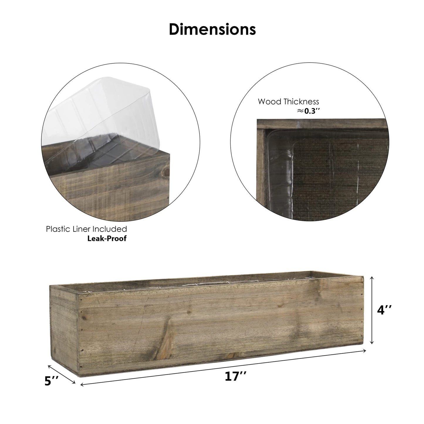 CYS EXCEL Brown Wooden Planter Box (17"x5" H:4") with Removable Plastic Liner | Multiple Colors Rustic Rectangle Indoor Decorative Box