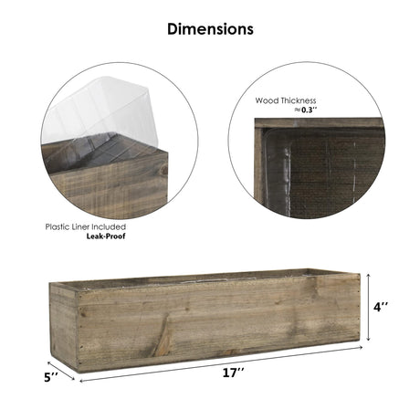 CYS EXCEL Brown Wooden Planter Box (17"x5" H:4") with Removable Plastic Liner | Multiple Colors Rustic Rectangle Indoor Decorative Box CYS EXCEL