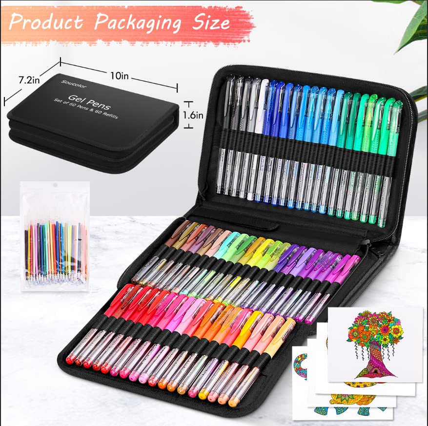 Soucolor 60 Colored Gel Pens for Adult Coloring Books, Deluxe 120 Pack- 60 Refills and Travel Case, with 40% More Ink Markers Set for Drawing