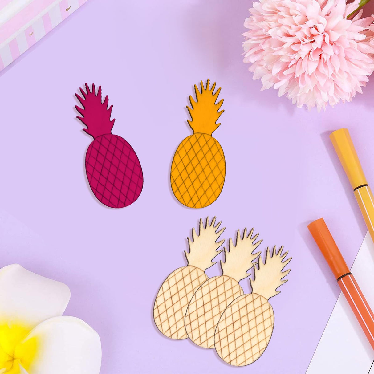 Honbay 100PCS Pineapple Unfinished Blank Wood Pieces Wood Slices Wood Chips Wooden Pineapple Shaped Embellishments Fruit Wood Cutouts Ornaments for HONBAY