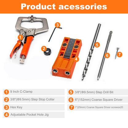 Pocket Hole Jig System Kit, Pocket Screw Jig with 11 Inch Clamp, Square Driver Bit, Hex Wrench, Depth Stop Collar, Step Drill Bit, Coarse Square - WoodArtSupply