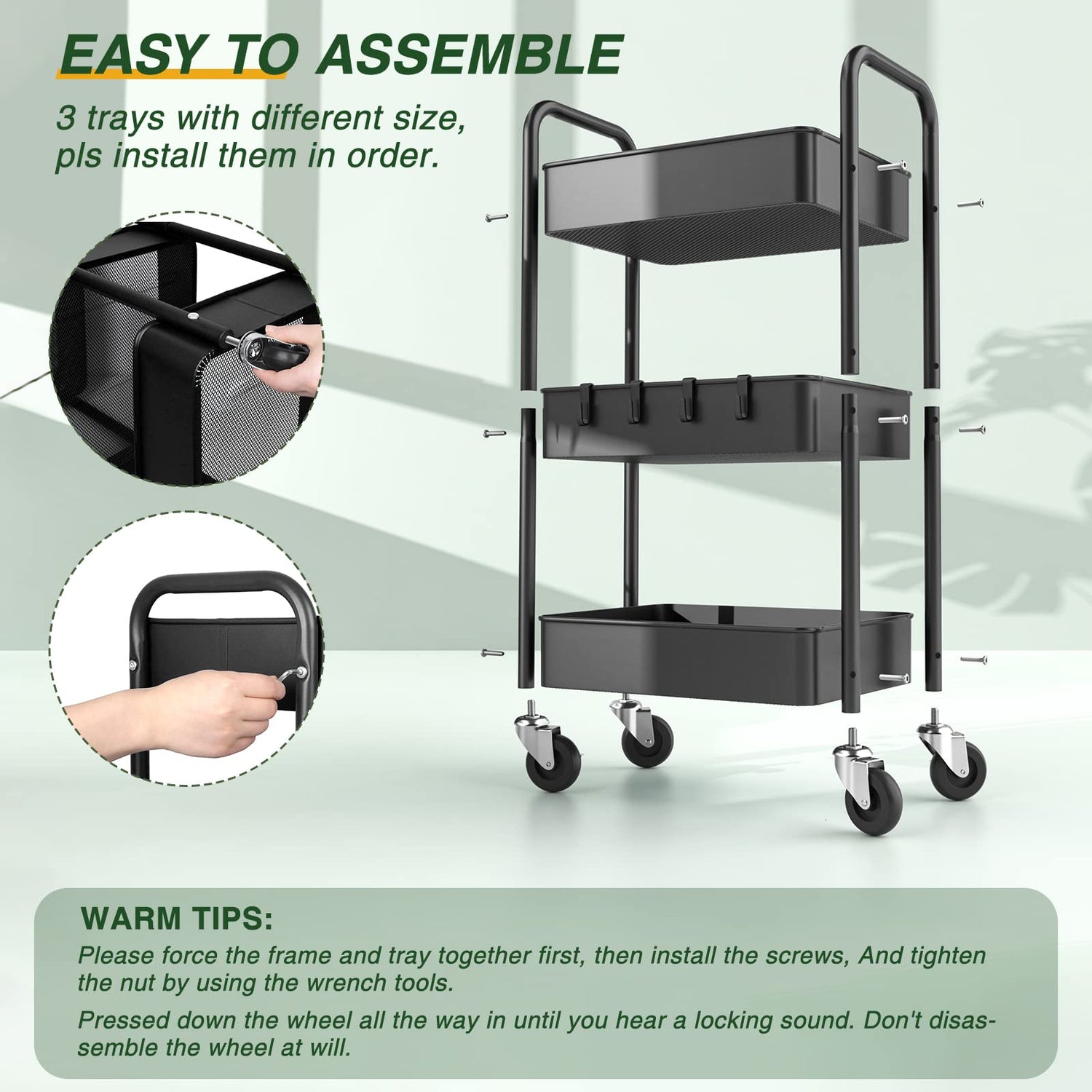 LEHOM 3 Tier Rolling Utility Cart, Metal Trolley Cart with Wheels, Hooks, Easy Assembly Organizer Storage Cart for Bathroom, Kitchen, Office, LEHOM
