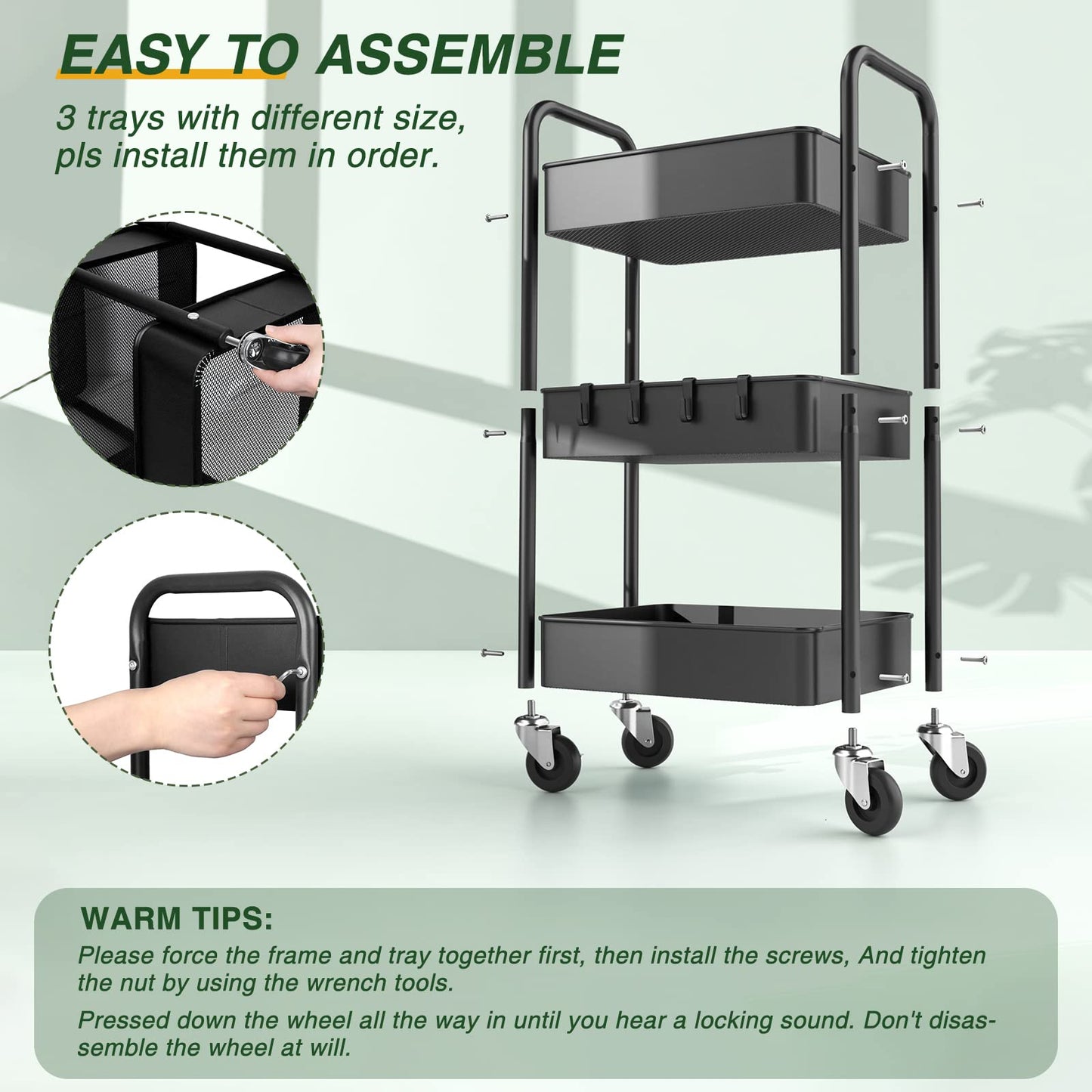 LEHOM 3 Tier Rolling Utility Cart, Metal Trolley Cart with Wheels, Hooks, Easy Assembly Organizer Storage Cart for Bathroom, Kitchen, Office,