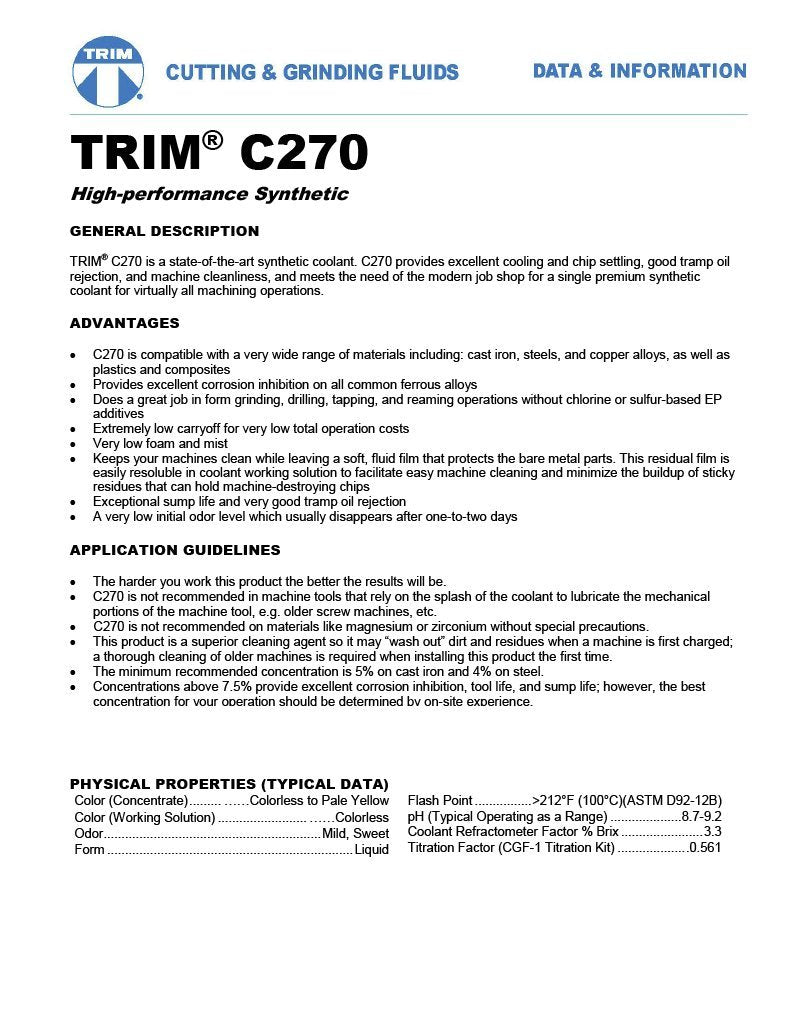 TRIM Cutting & Grinding Fluids C270/5 High Performance Synthetic Coolant, 5 gal Pail Trim
