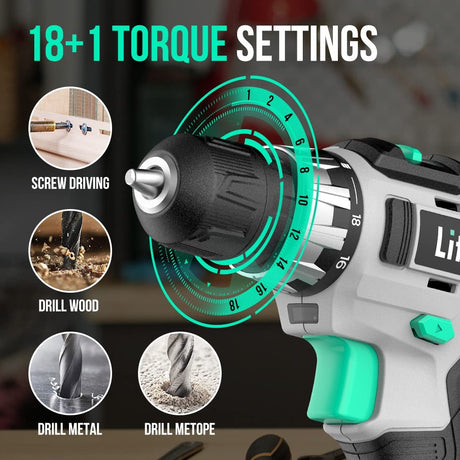 Litheli Cordless Drill Set, 20V Max Power Drill Cordless Set, 3/8” Keyless Chuck, 18+1 Torque Settings, Variable Speed, w/ 2.0 Ah Battery and 1 Hour LiTHELi