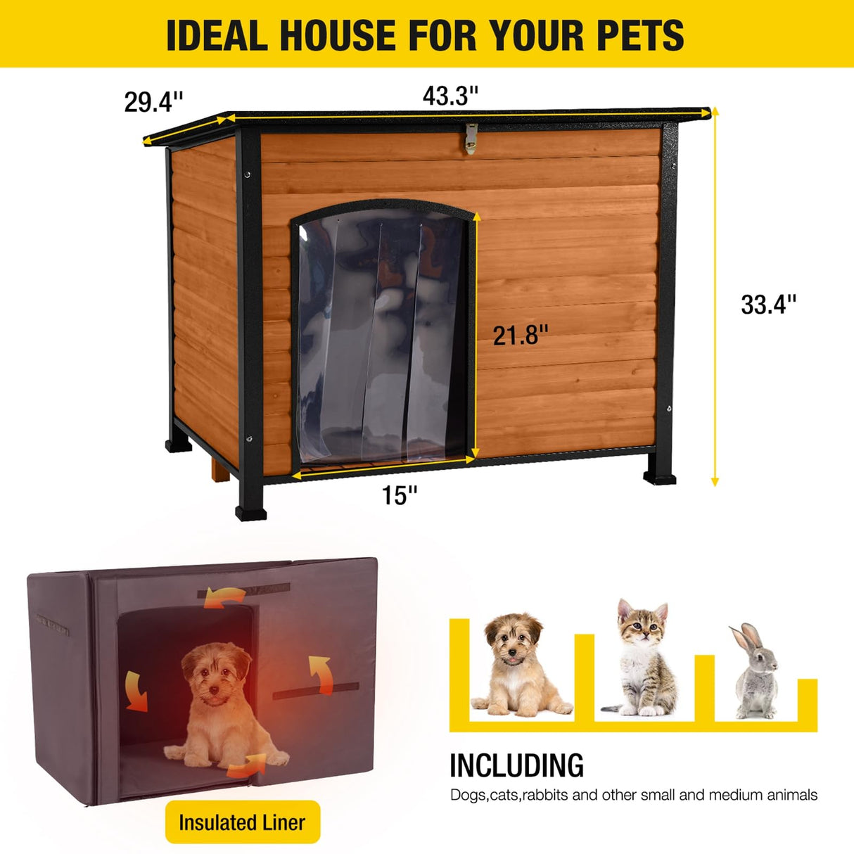 Insulated Outdoor Dog House with Liner for Winter Wooden Dog Kennel with All-Around Iron Frame,Waterproof Aivituvin