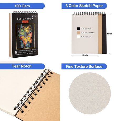 Prina 76 Pack Drawing Set Sketching Kit, Pro Art Supplies with 3-Color Sketchbook, Include Tutorial, Colored, Graphite, Charcoal, Watercolor & PRINA