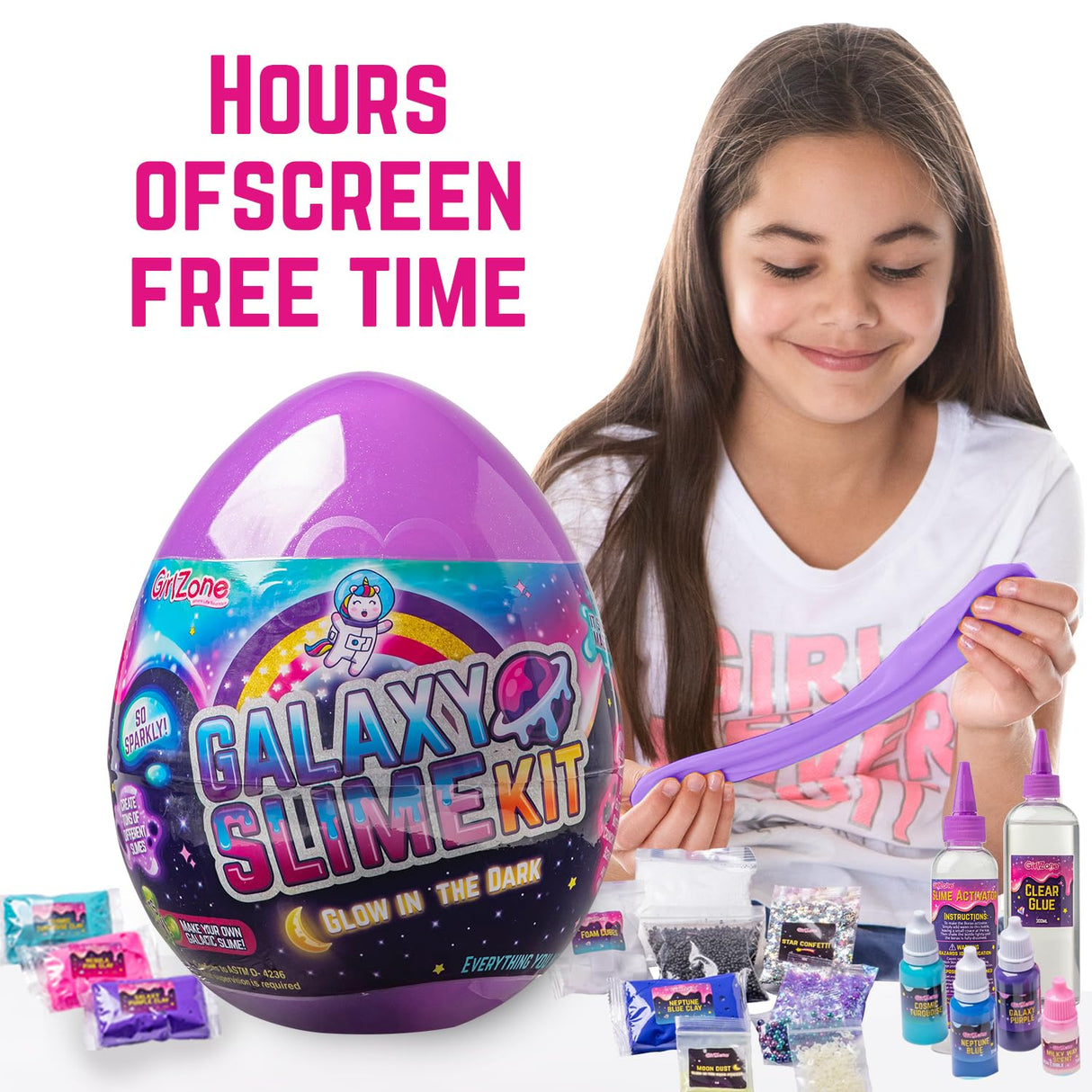 GirlZone Egg Surprise Galaxy Slime Kit for Girls, 41 Pieces to Make Glow in The Dark Slime, Slime with Glitter Add Ins, Christmas Gifts for Girls GirlZone