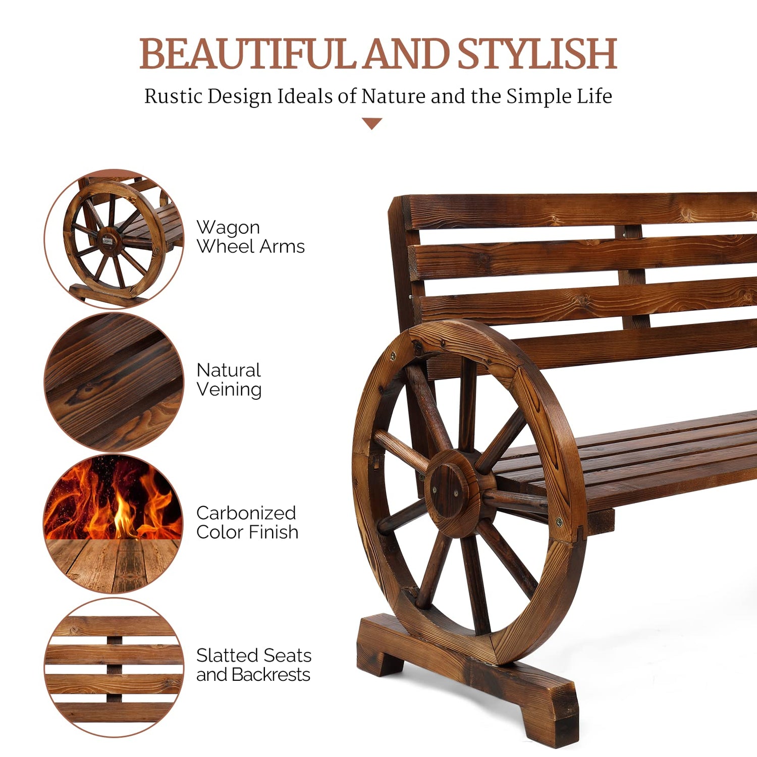 VINGLI 41" Rustic Wooden Wheel Bench - Stylish 2-Person Outdoor Patio Seat with High Capacity VINGLI