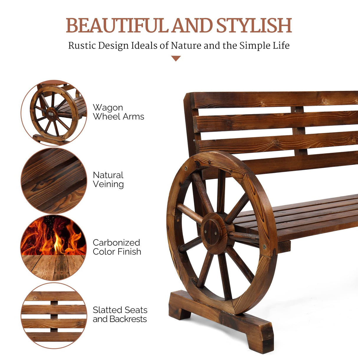 VINGLI 41" Rustic Wooden Wheel Bench - Stylish 2-Person Outdoor Patio Seat with High Capacity VINGLI
