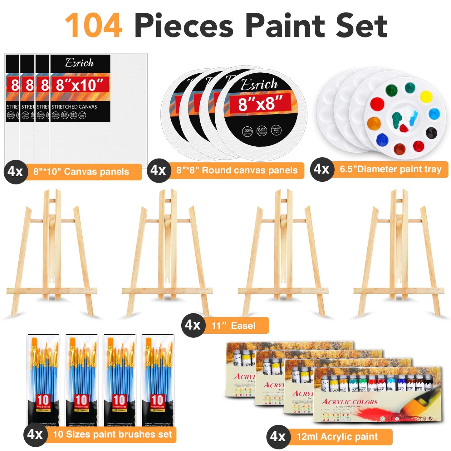 Acrylic Paint Canvas Set,104 Piece Professional Painting Supplies Kit with 4 Wood Easel,4 * 12Colors,4 * 10 Brushes,Circular Canvas Etc,Premium Paint - WoodArtSupply