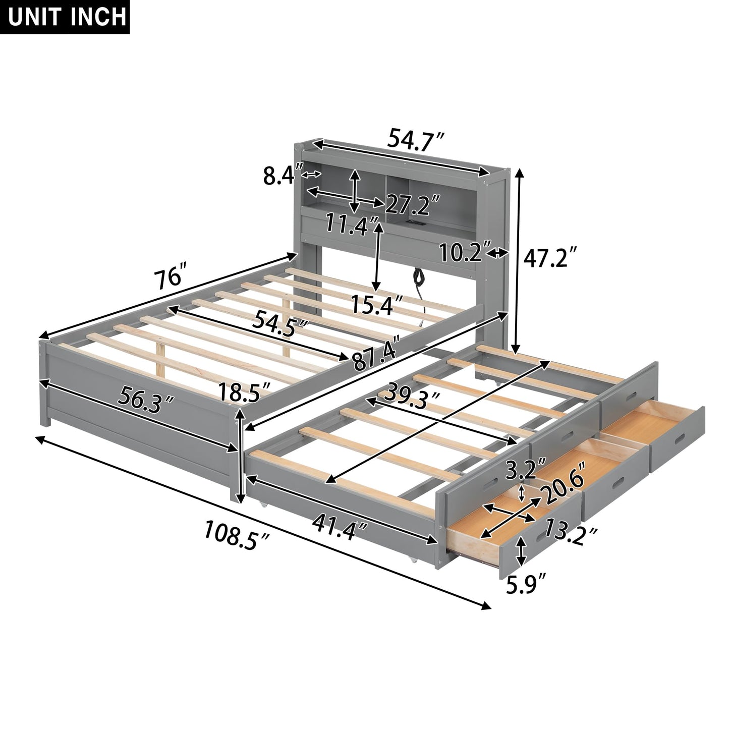 Harper & Bright Designs Full Size Bed with Bookcase Headboard, Wooden Full Size Platform Bed with Trundle and Storage Drawers,Full Storage Bed with