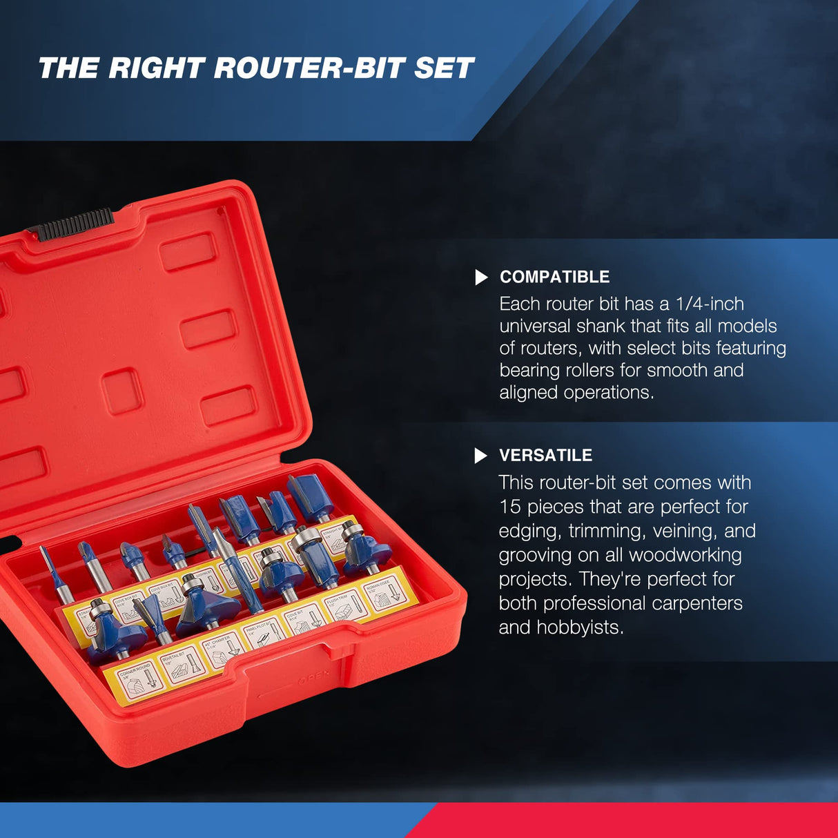 HILTEX 10100 Tungsten Carbide Router Bits, 15 Piece Router Bit Set, 1/4” Router Bit Shank Tungsten Carbide Router Bits, Chamfer Router Bits for Hiltex