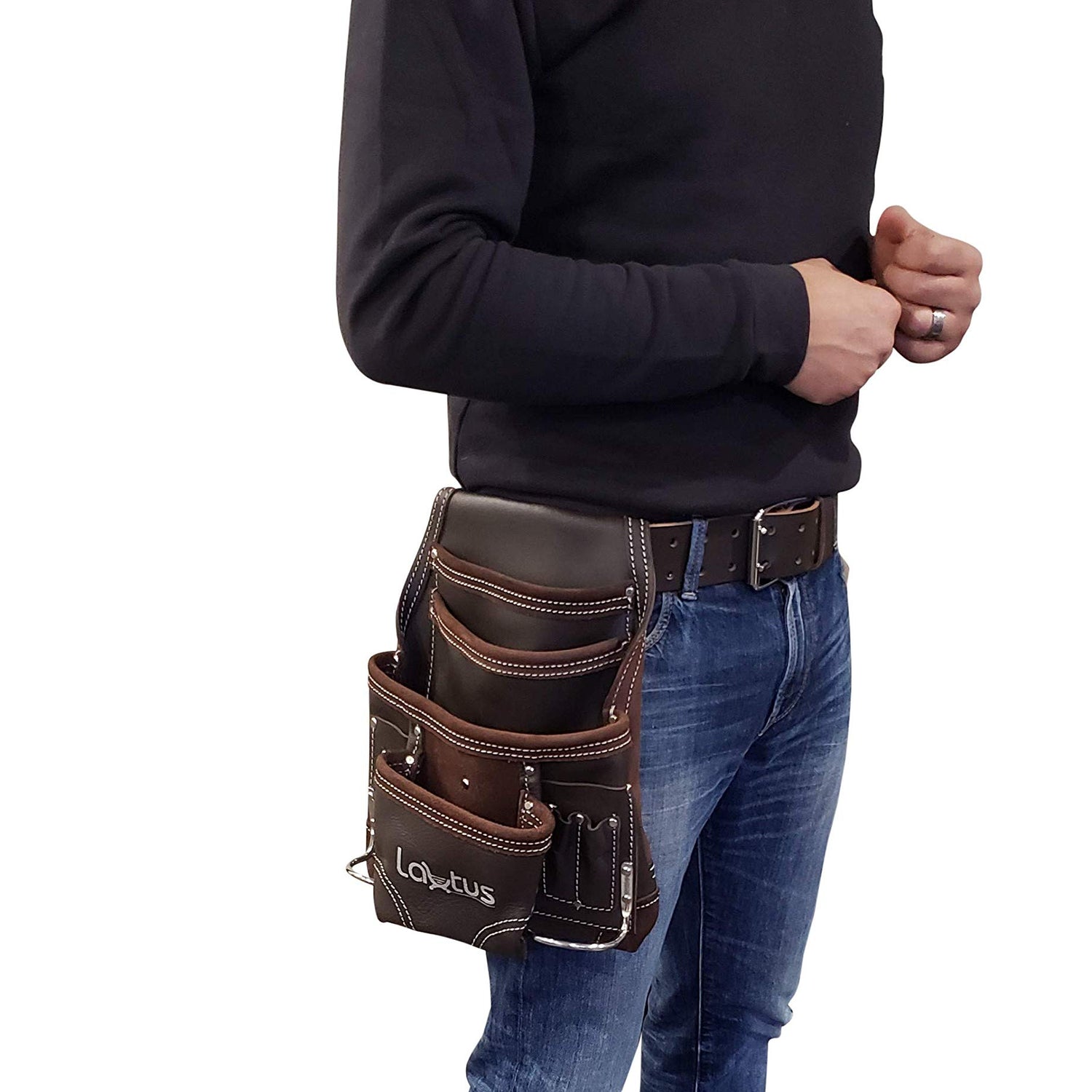 LAUTUS Oil Tanned Leather Tool Pouch Bag | Carpenter, Construction, Framers, Handyman | 10 Pockets, 2 Hammer Holders | 100% Leather Dark Brown LAUTUS