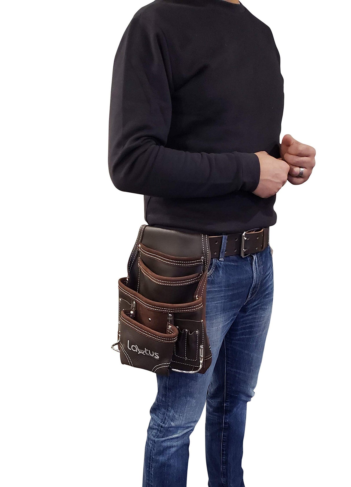 LAUTUS Oil Tanned Leather Tool Pouch Bag | Carpenter, Construction, Framers, Handyman | 10 Pockets, 2 Hammer Holders | 100% Leather Dark Brown LAUTUS