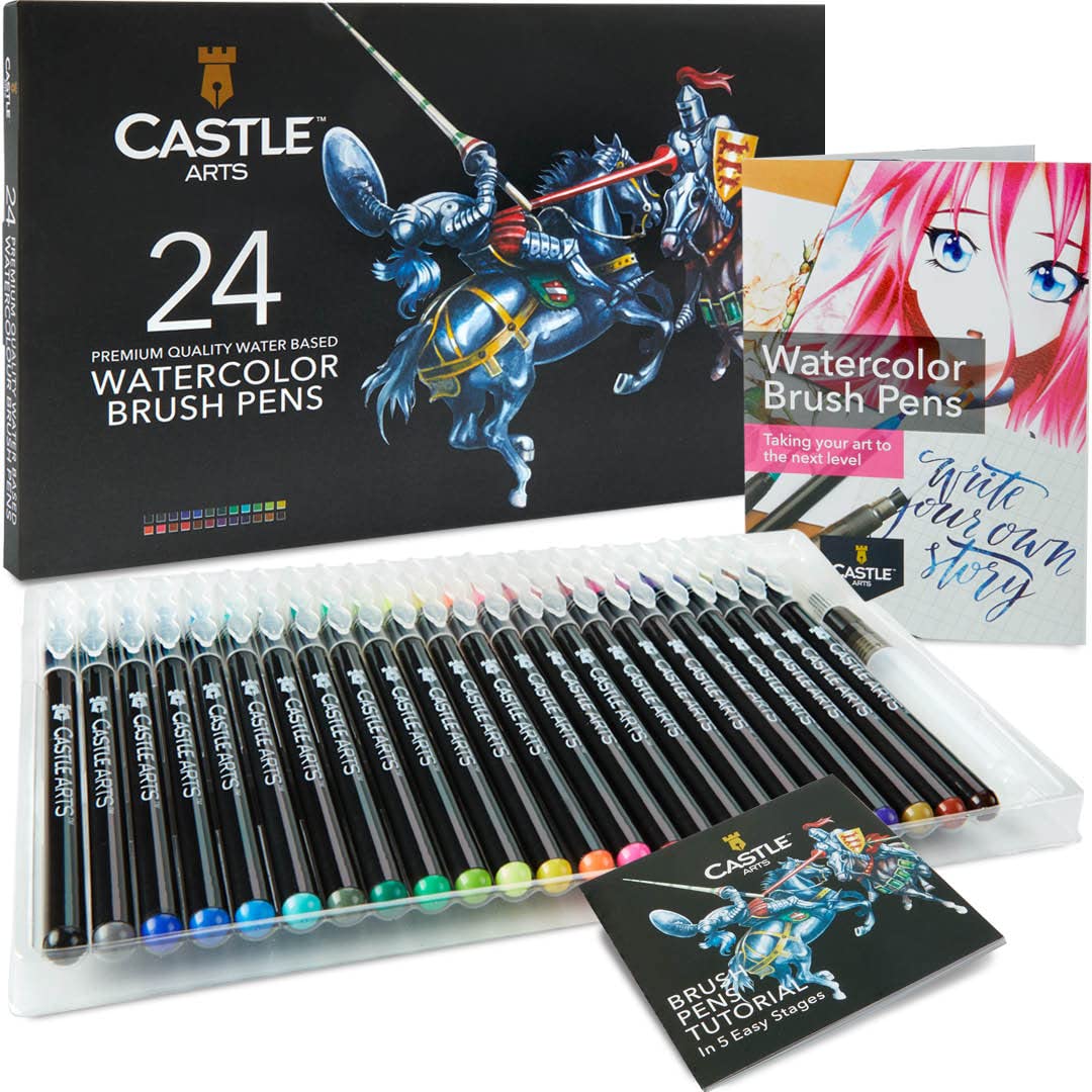 Castle Art Supplies Watercolor Brush Pens Set | 24 Lively colors, with Flexible Nylon Tips | For adult Coloring,Painting, Lettering – Artists and - WoodArtSupply