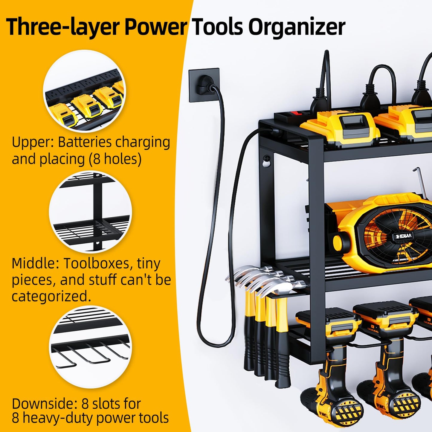 SOYEEZE Power Tool Organizer with Charging Station- Garage 8 Drill Holder Built in 8 Outlet Power Strip (DRILLDOCK PRO)