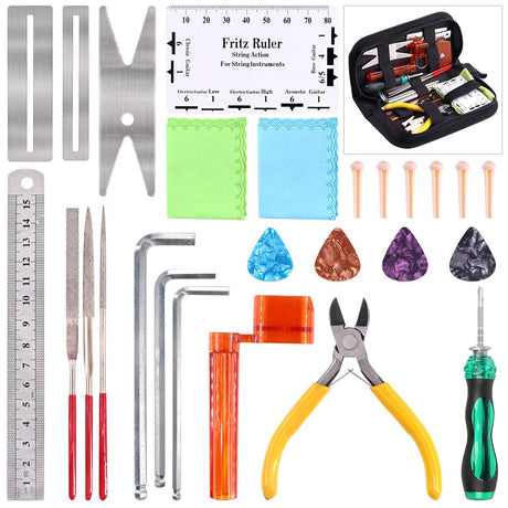 Glarks 28Pcs Guitar Maintenance and Repair Kit Including Fingerboard Protector, Hex Wrenches, Files, String Ruler Action Ruler, Spanner Wrench, Glarks