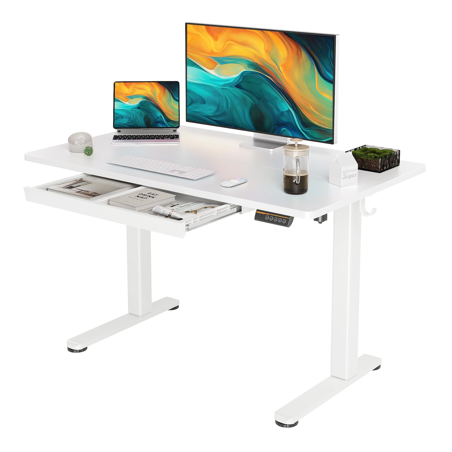 YDN Standing Desk with Drawers, 48 x 24 Inch Adjustable Height Stand Up Desk, Electric Sit Stand Computer Desk for Home Office, White YDN