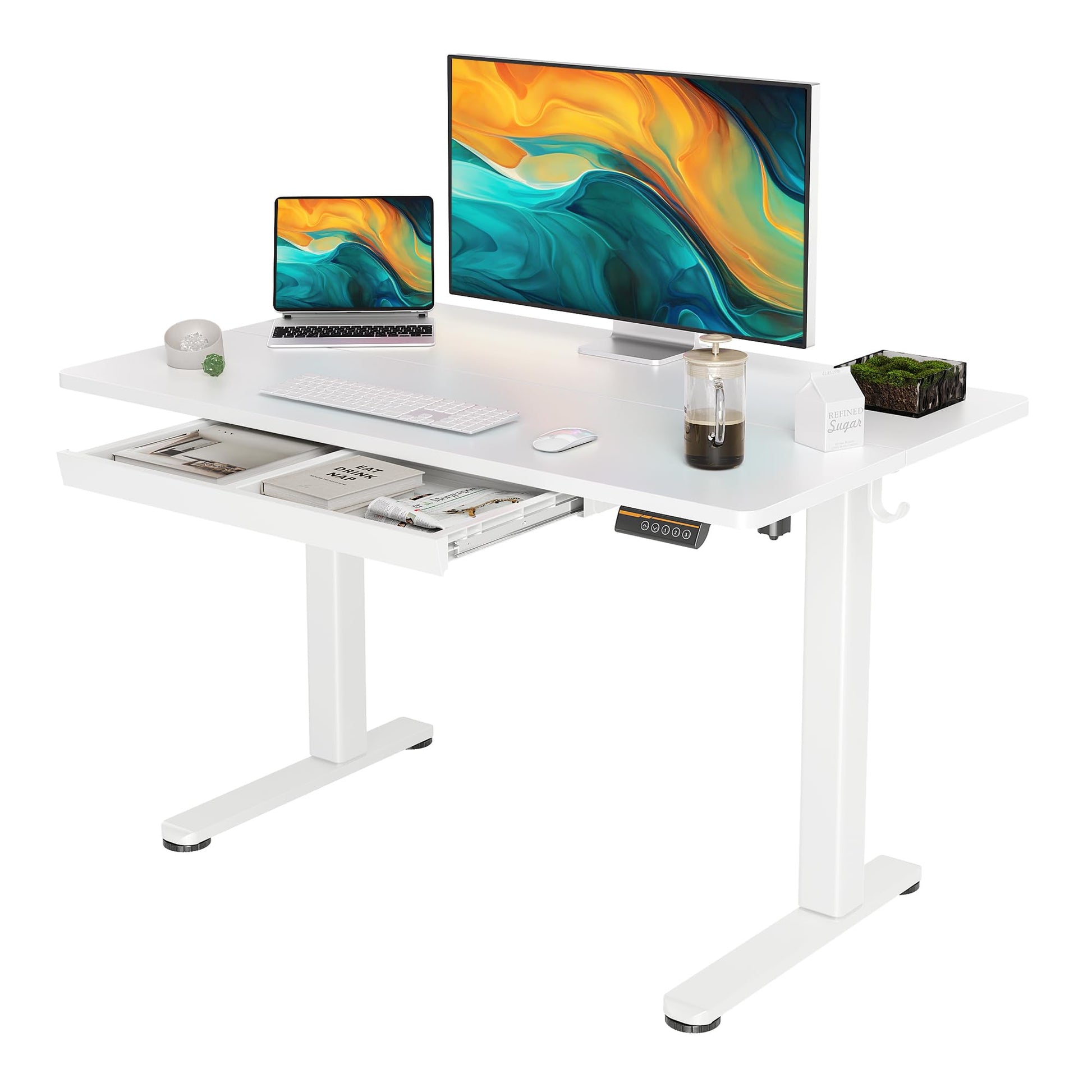 YDN Standing Desk with Drawers, 48 x 24 Inch Adjustable Height Stand Up Desk, Electric Sit Stand Computer Desk for Home Office, White - WoodArtSupply