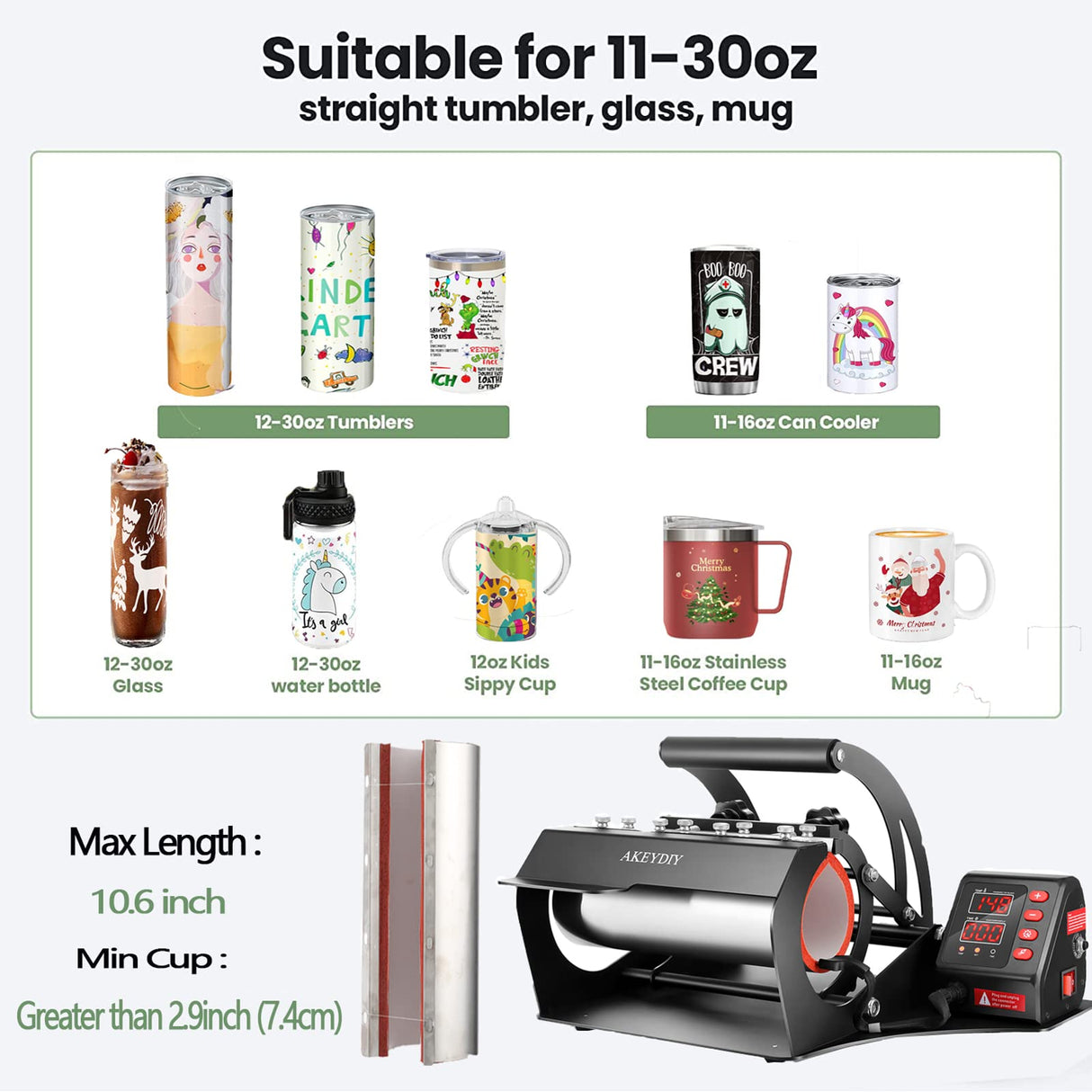 AKEYDIY Tumbler Heat Press 30oz 20oz 16oz Sublimation Tumblers Press Straight Skinny Tumbler Cup Press Glass Jar Cans,Tumbler Mug Heat Press Machine AKEYDIY