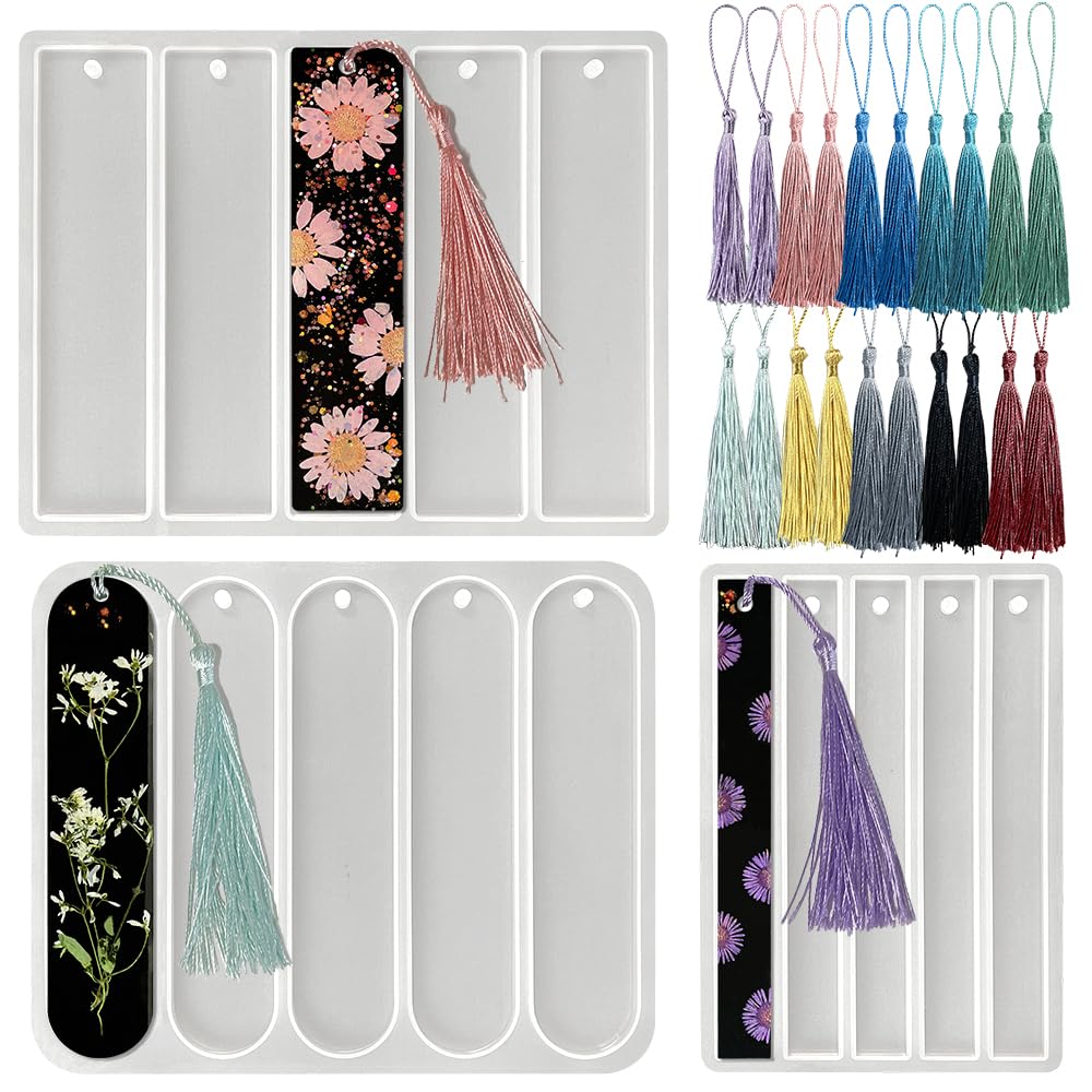 RESINWORLD Set of 3 Shiny Bookmarks Silicone Mold, Bookmark Resin Mold with Tassles, Small Medium Rectangle Bookmark Mold ResinWorld