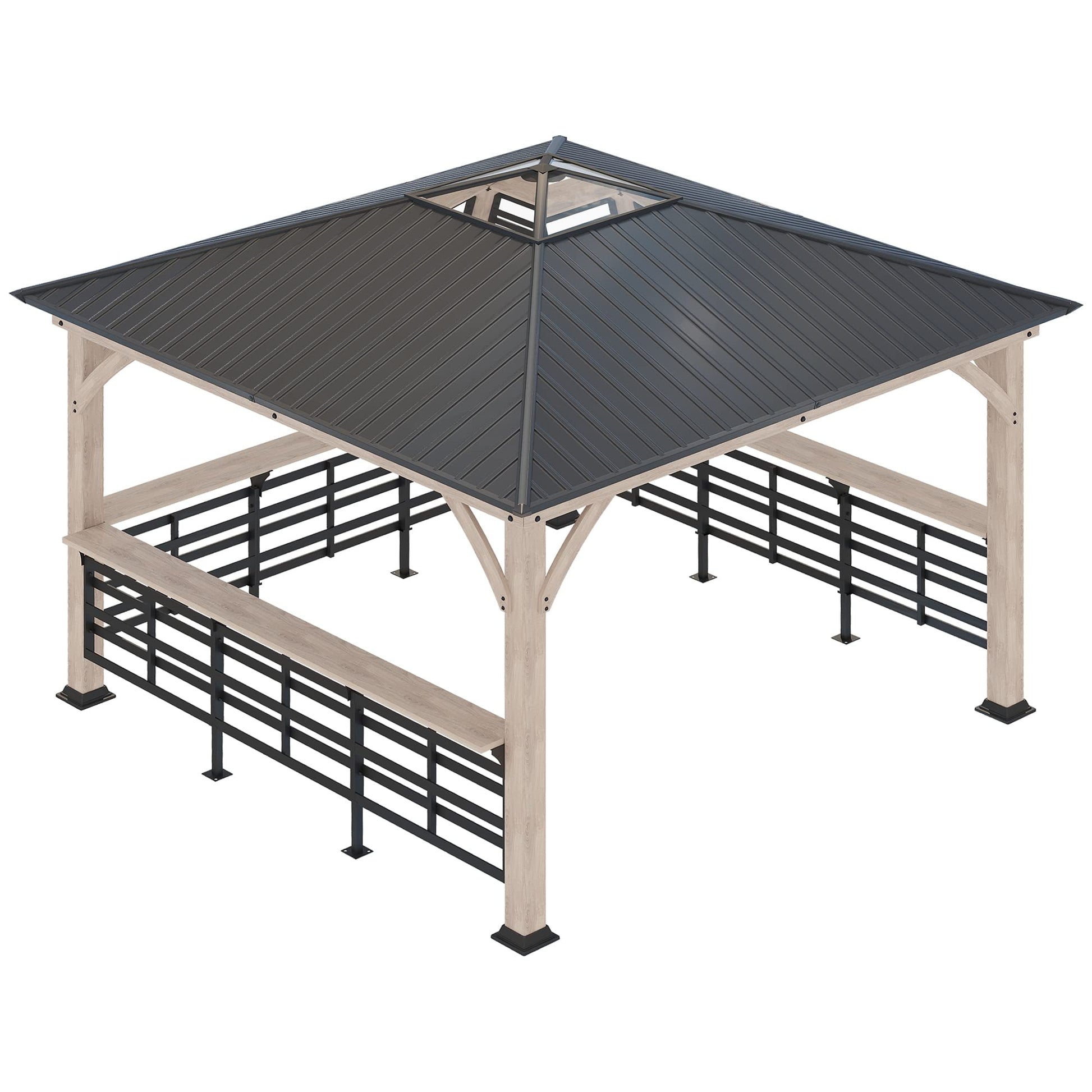 Outsunny 11' x 11' Hardtop Gazebo with Metal & Acrylic Combined Roof, Wood Frame, Permanent Pavilion Grill Gazebo with Bar Counters, Ceiling Hook, - WoodArtSupply